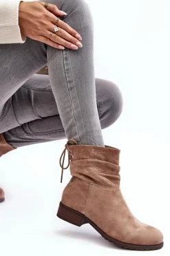 Online Damskie Zamszowe Botki Na Płaskim Obcasie Beżowe Keresa Damskie Botki Ocieplane|Botki Zimowe Damskie