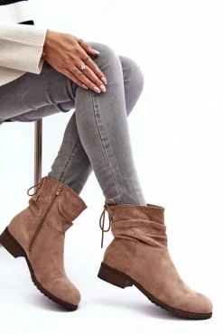 Online Damskie Zamszowe Botki Na Płaskim Obcasie Beżowe Keresa Damskie Botki Ocieplane|Botki Zimowe Damskie