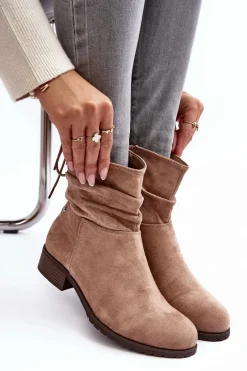 Online Damskie Zamszowe Botki Na Płaskim Obcasie Beżowe Keresa Damskie Botki Ocieplane|Botki Zimowe Damskie