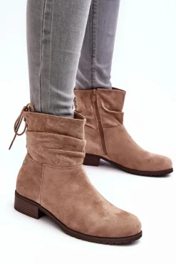 Online Damskie Zamszowe Botki Na Płaskim Obcasie Beżowe Keresa Damskie Botki Ocieplane|Botki Zimowe Damskie