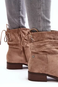 Online Damskie Zamszowe Botki Na Płaskim Obcasie Beżowe Keresa Damskie Botki Ocieplane|Botki Zimowe Damskie