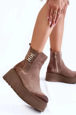 Botki Na Koturnie|Botki Zimowe Damskie>Boto Damskie Zamszowe Botki Na Masywnej Platformie Jasnobrązowe Savira