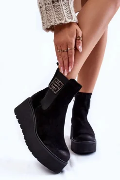 New Damskie Zamszowe Botki Na Masywnej Platformie Czarne Lemar Savira Damskie Botki Na Koturnie|Czarne Botki