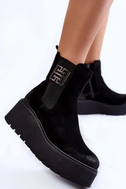 New Damskie Zamszowe Botki Na Masywnej Platformie Czarne Lemar Savira Damskie Botki Na Koturnie|Czarne Botki