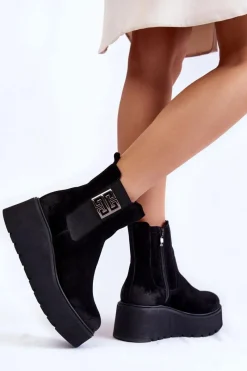 New Damskie Zamszowe Botki Na Masywnej Platformie Czarne Lemar Savira Damskie Botki Na Koturnie|Czarne Botki