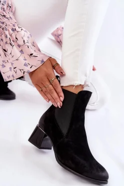 Boto Damskie Zamszowe Botki Na Obcasie Czarne Lemar Berit