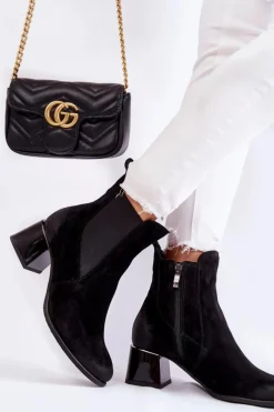 Boto Damskie Zamszowe Botki Na Obcasie Czarne Lemar Berit