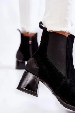 Boto Damskie Zamszowe Botki Na Obcasie Czarne Lemar Berit