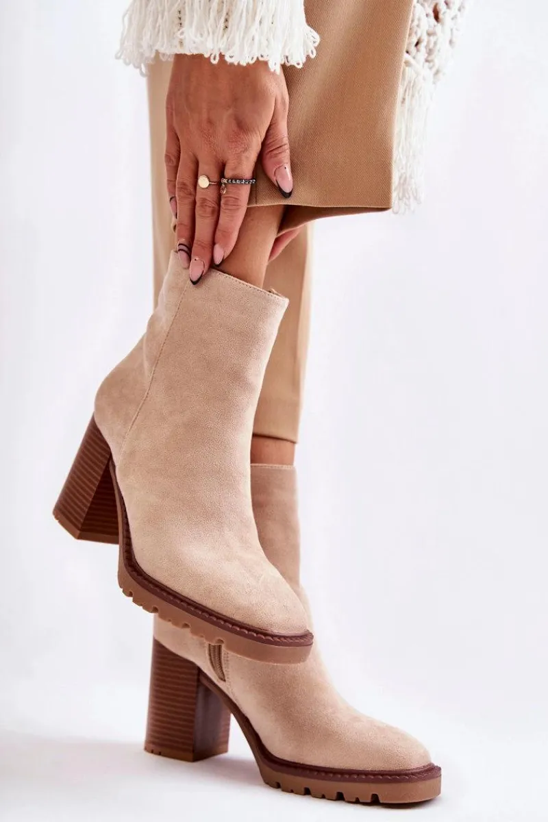 Botki Na Słupku|Brązowe I Beżowe Botki>Boto Damskie Zamszowe Botki Na Słupku Z Suwakiem Beżowe Odette