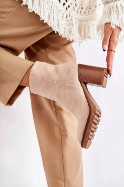 Botki Na Słupku|Brązowe I Beżowe Botki>Boto Damskie Zamszowe Botki Na Słupku Z Suwakiem Beżowe Odette