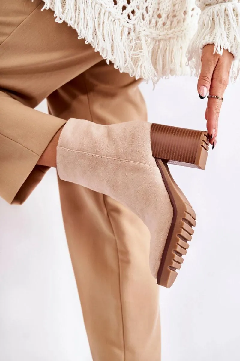 Botki Na Słupku|Brązowe I Beżowe Botki>Boto Damskie Zamszowe Botki Na Słupku Z Suwakiem Beżowe Odette