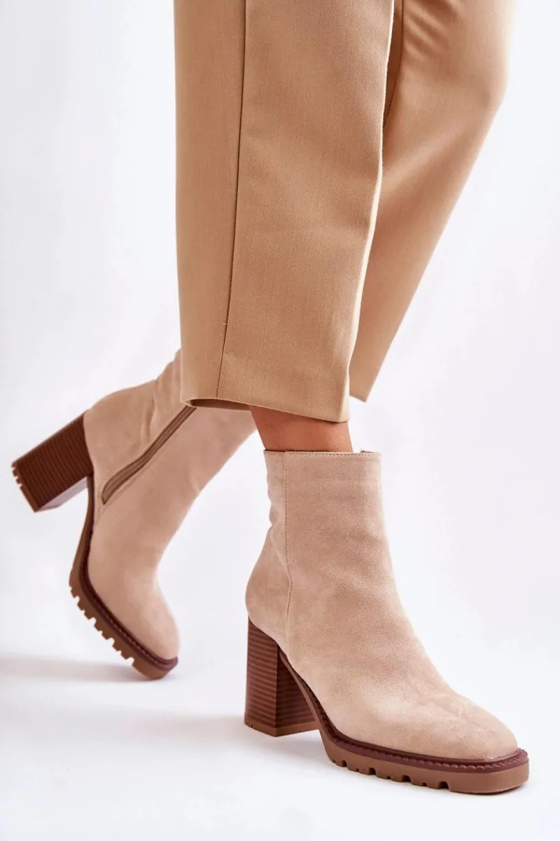 Botki Na Słupku|Brązowe I Beżowe Botki>Boto Damskie Zamszowe Botki Na Słupku Z Suwakiem Beżowe Odette