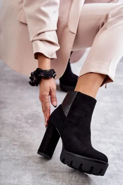 Outlet Boto Damskie Zamszowe Botki Na Obcasie Czarne Maricruz