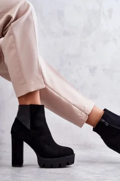 Outlet Boto Damskie Zamszowe Botki Na Obcasie Czarne Maricruz