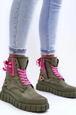 Best Damskie Zamszowe Botki Na Platformie Zielone Raftera Damskie Botki Sznurowane|Botki Płaskie