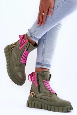 Best Damskie Zamszowe Botki Na Platformie Zielone Raftera Damskie Botki Sznurowane|Botki Płaskie