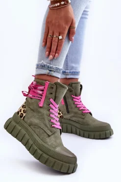 Best Damskie Zamszowe Botki Na Platformie Zielone Raftera Damskie Botki Sznurowane|Botki Płaskie