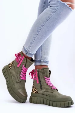 Best Damskie Zamszowe Botki Na Platformie Zielone Raftera Damskie Botki Sznurowane|Botki Płaskie