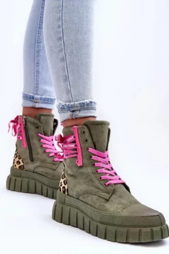 Best Damskie Zamszowe Botki Na Platformie Zielone Raftera Damskie Botki Sznurowane|Botki Płaskie