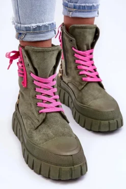 Best Damskie Zamszowe Botki Na Platformie Zielone Raftera Damskie Botki Sznurowane|Botki Płaskie