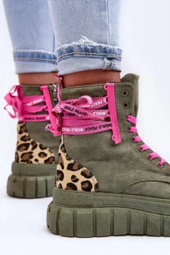 Best Damskie Zamszowe Botki Na Platformie Zielone Raftera Damskie Botki Sznurowane|Botki Płaskie