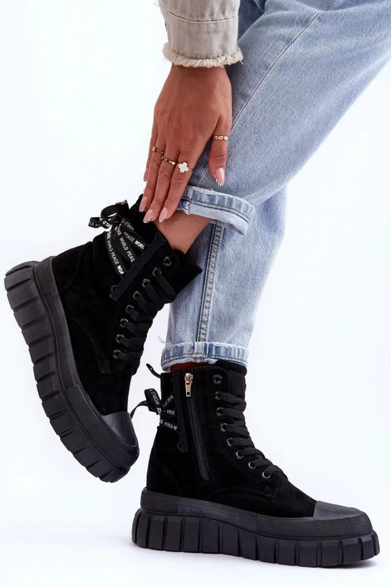 Online Damskie Zamszowe Botki Na Platformie Czarne Raftera Damskie Botki Sznurowane|Czarne Botki