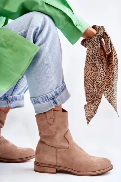 New Damskie Zamszowe Botki Na Płaskim Obcasie Beżowe Fiorenz Damskie Botki Wiosenne|Czarne Botki