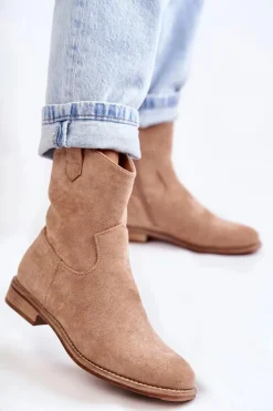 New Damskie Zamszowe Botki Na Płaskim Obcasie Beżowe Fiorenz Damskie Botki Wiosenne|Czarne Botki