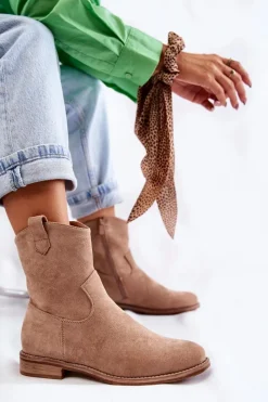 New Damskie Zamszowe Botki Na Płaskim Obcasie Beżowe Fiorenz Damskie Botki Wiosenne|Czarne Botki