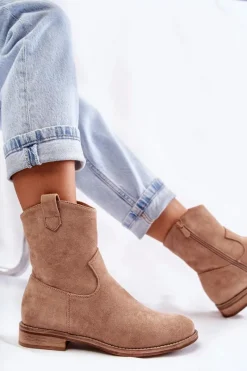 New Damskie Zamszowe Botki Na Płaskim Obcasie Beżowe Fiorenz Damskie Botki Wiosenne|Czarne Botki