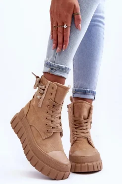 Best Damskie Zamszowe Botki Na Platformie Beżowe Raftera Damskie Botki Sznurowane|Czarne Botki