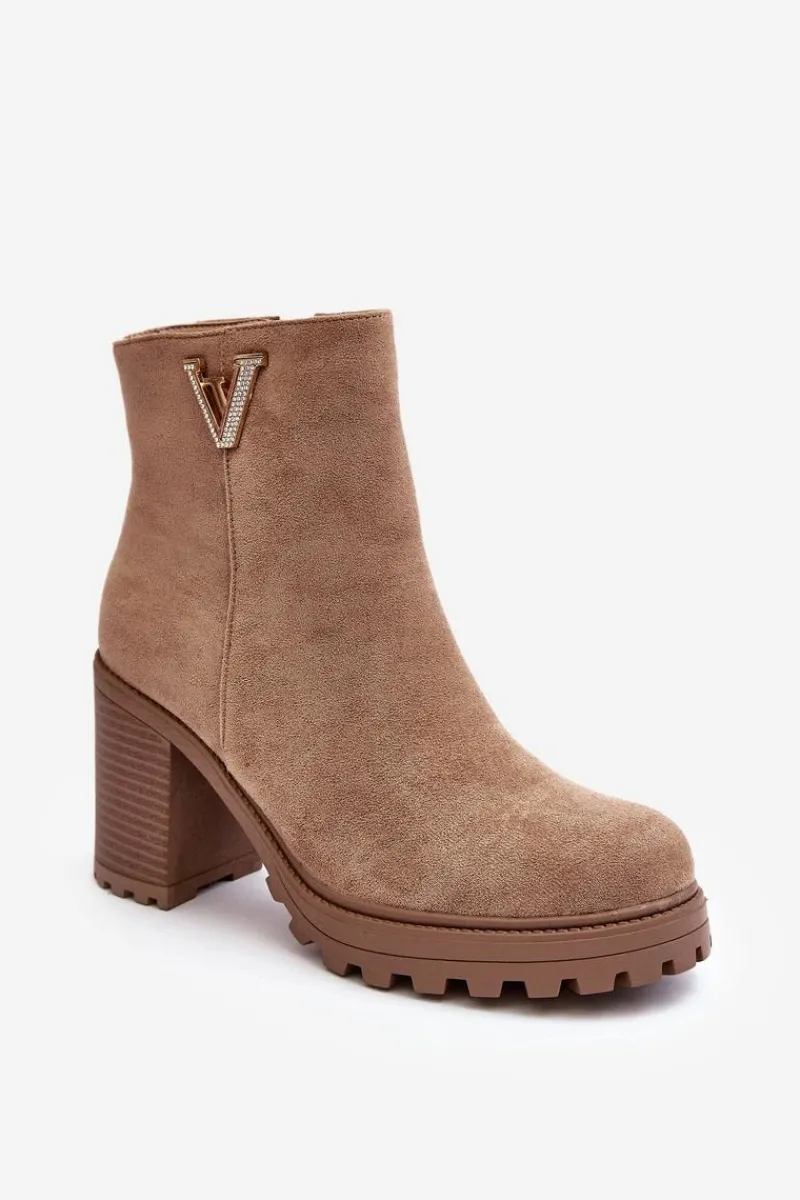 Botki Wiosenne|Botki Ocieplane>Boto Damskie Zamszowe Botki Na Słupku Z Ozdobą Beżowe Strong Beżowy