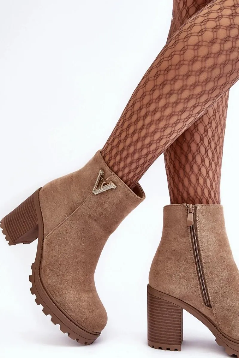 Botki Wiosenne|Botki Ocieplane>Boto Damskie Zamszowe Botki Na Słupku Z Ozdobą Beżowe Strong Beżowy