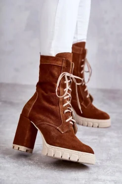 Sale Boto Damskie Zamszowe Botki Na Platformie Brązowe Edna Brązowy