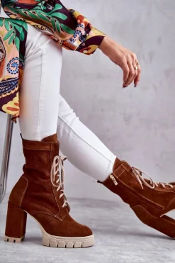 Sale Boto Damskie Zamszowe Botki Na Platformie Brązowe Edna Brązowy