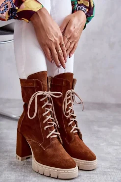 Sale Boto Damskie Zamszowe Botki Na Platformie Brązowe Edna Brązowy