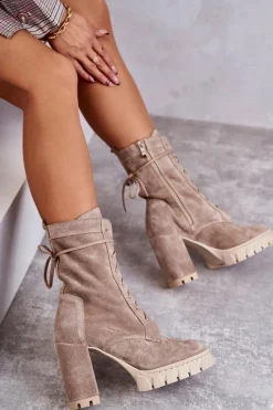 New Boto Damskie Zamszowe Botki Na Platformie Beżowe Edna