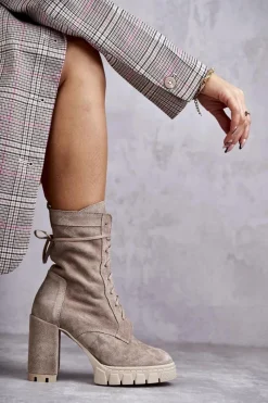 New Boto Damskie Zamszowe Botki Na Platformie Beżowe Edna