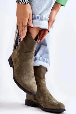 Outlet Damskie buty S.Barski Damskie Zamszowe Botki Na Płaskim Obcasie Zielone Fiorenz