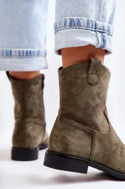 Outlet Damskie buty S.Barski Damskie Zamszowe Botki Na Płaskim Obcasie Zielone Fiorenz