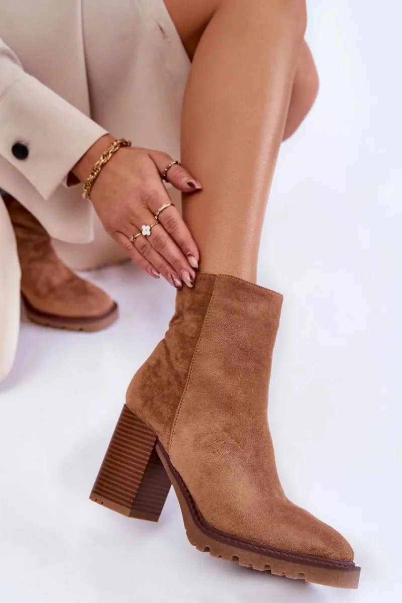 Botki Na Słupku|Brązowe I Beżowe Botki>Boto Damskie Zamszowe Botki Na Słupku Z Suwakiem Camel Odette