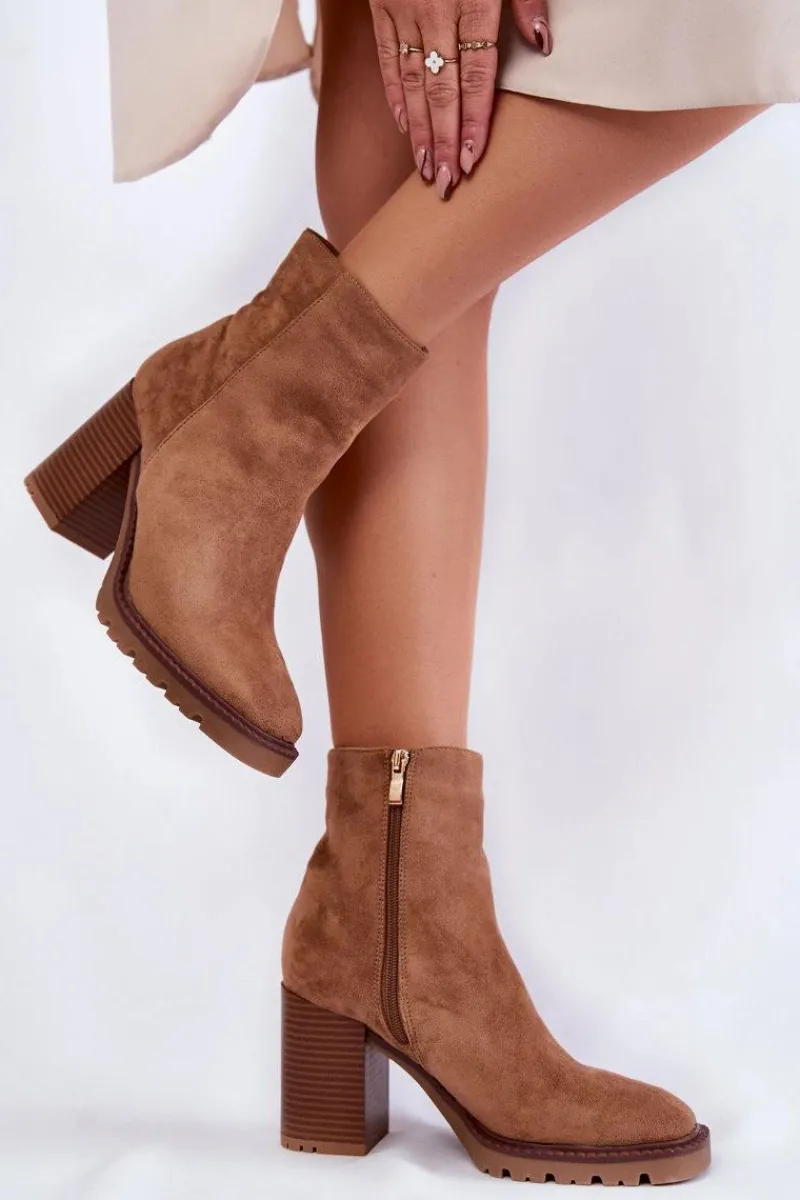 Botki Na Słupku|Brązowe I Beżowe Botki>Boto Damskie Zamszowe Botki Na Słupku Z Suwakiem Camel Odette