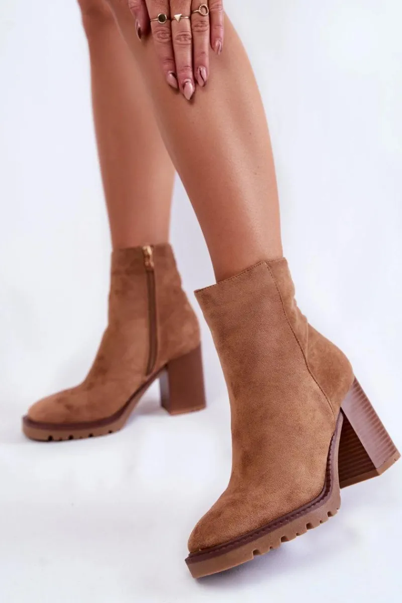 Botki Na Słupku|Brązowe I Beżowe Botki>Boto Damskie Zamszowe Botki Na Słupku Z Suwakiem Camel Odette