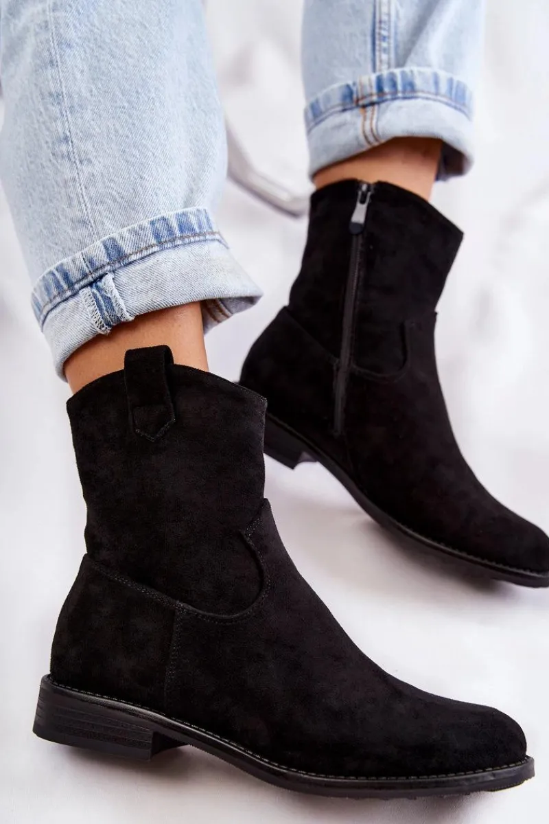 Online Damskie Zamszowe Botki Na Płaskim Obcasie Czarne Fiorenz Damskie Botki Wiosenne|Czarne Botki