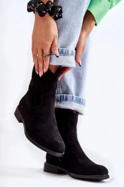 Online Damskie Zamszowe Botki Na Płaskim Obcasie Czarne Fiorenz Damskie Botki Wiosenne|Czarne Botki