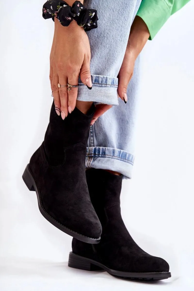 Online Damskie Zamszowe Botki Na Płaskim Obcasie Czarne Fiorenz Damskie Botki Wiosenne|Czarne Botki