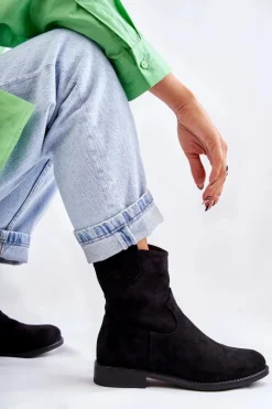 Online Damskie Zamszowe Botki Na Płaskim Obcasie Czarne Fiorenz Damskie Botki Wiosenne|Czarne Botki