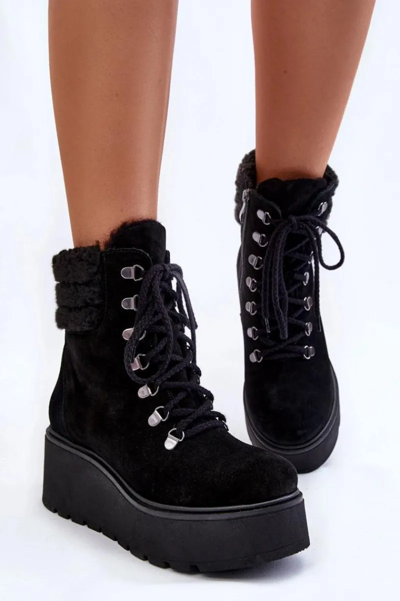 Outlet Boto Damskie Zamszowe Botki Na Koturnie Czarne Lemar Meniko