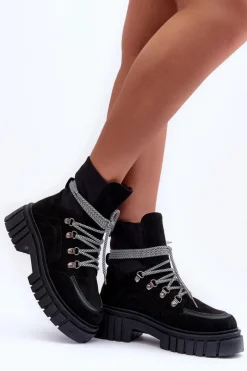 Boto Damskie Zamszowe Botki Sznurowane Czarne Acorn Czarny