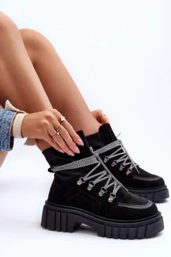 Boto Damskie Zamszowe Botki Sznurowane Czarne Acorn Czarny
